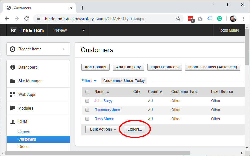 Business Catalyst export customers