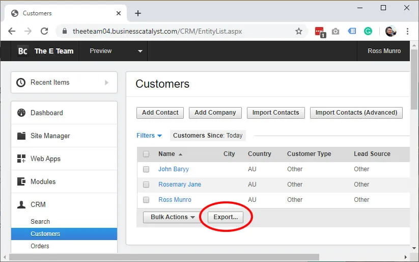 Business Catalyst export customers