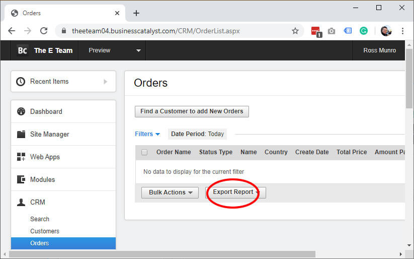 Business Catalyst export orders